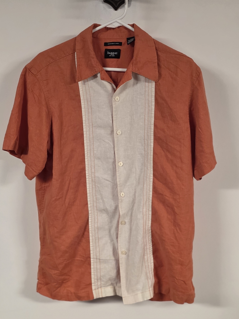 Haggar Washable Linen Rayon Blend Short Sleeve Panel Camp Shirt